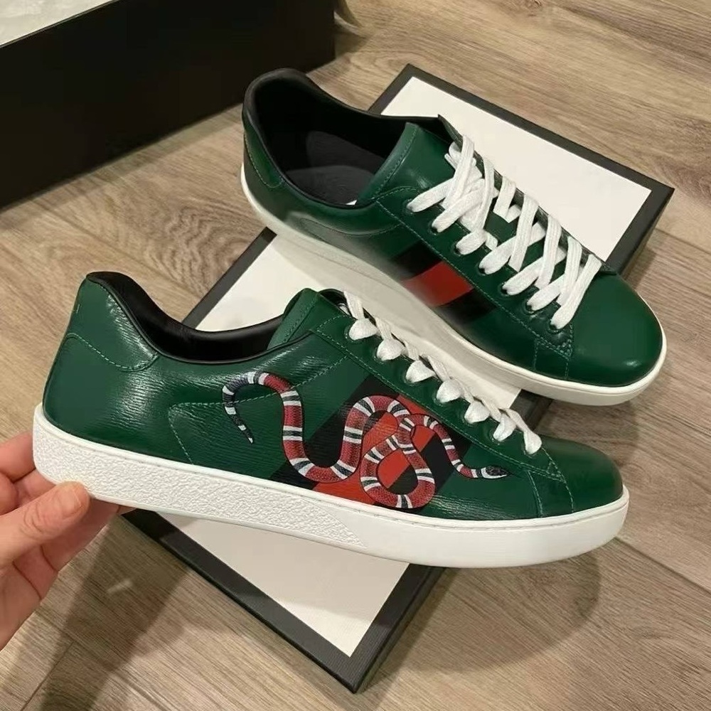 Authentic Gucci Green Snake Print Web Detailed Ace Lace up Sneaker Size 7 NIB - Picture 4 of 5